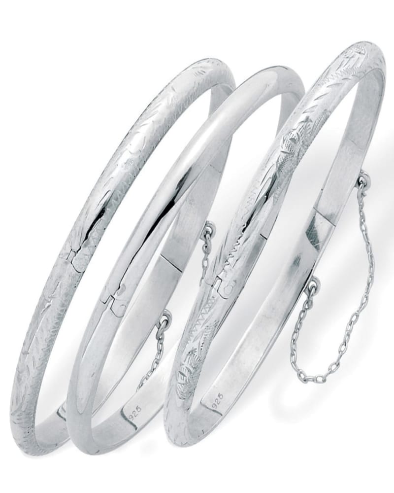 Front of a size 7 in Polished, Engraved and Floral Three-Piece Bangle Set in .925 Sterling Silver in White by PalmBeach Jewelry. | dia_product_style_image_id:297091